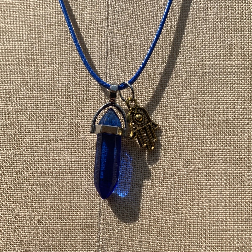 Handmade Cobalt Blue Resin Crystal Amulet Necklace & Hamsa Hand Charm - Picture 6 of 11